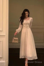 Elegant A Line Square Neckline Long Sleeves White Chiffon Prom Dresses Birthday Outfits Prom Gowns
