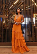 Elegant A Line Strap Long Organge Prom Dresses 22Th Birthday Outfits