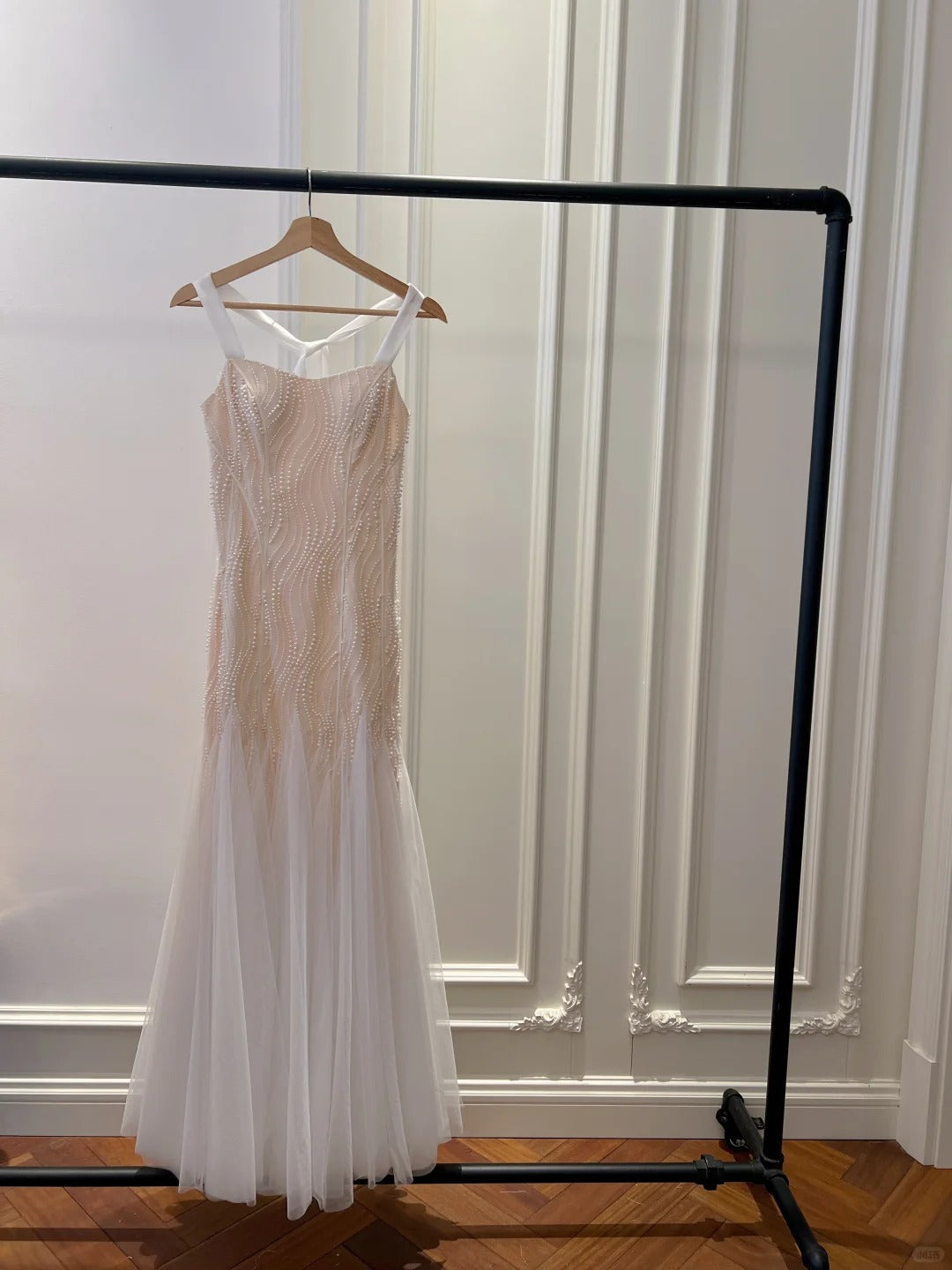Elegant A-Line Strap Pearl Tulle Long Prom Dresses Evening Dresses