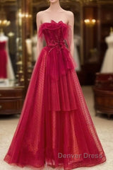 Elegant A Line Strapless Red Tulle Long Prom Dresses