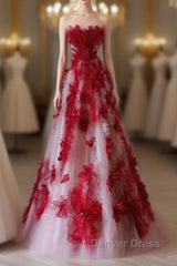 Elegant A Line Strapless Tulle Floral Red Prom Dresses