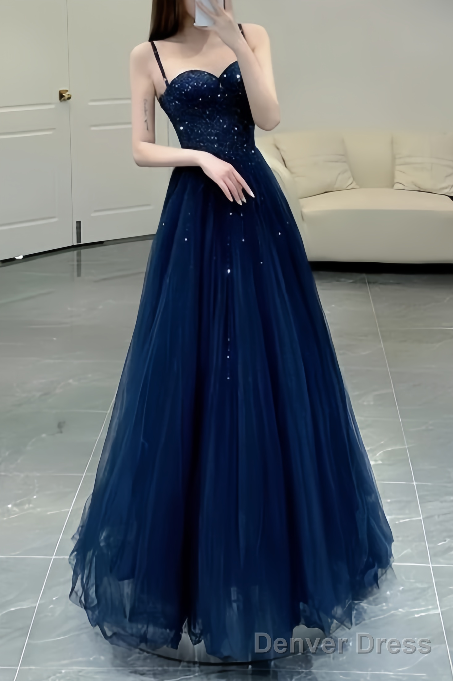 Elegant A Line Straps Tulle Navy Blue Prom Dress Main image