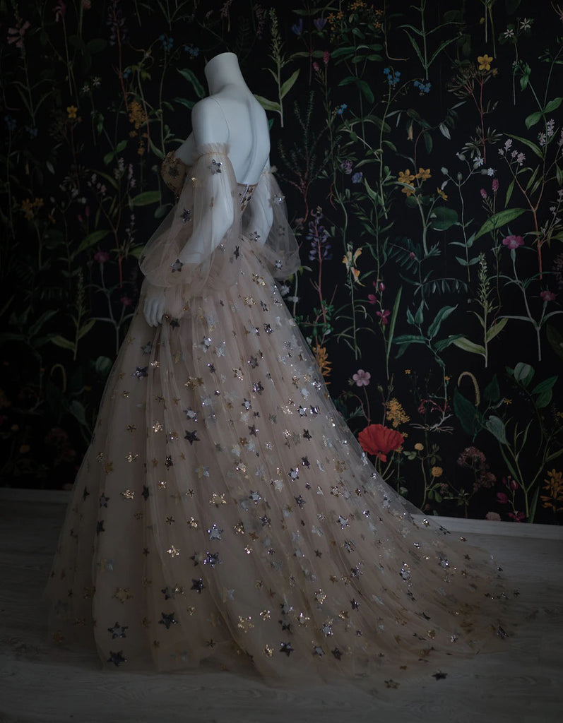 Elegant A Line Sweetheart Bubble Sleeves Tulle Prom Dress With Stars, Prom Dresses