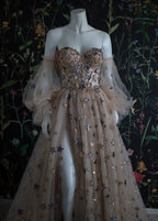 Elegant A Line Sweetheart Bubble Sleeves Tulle Prom Dress With Stars, Prom Dresses