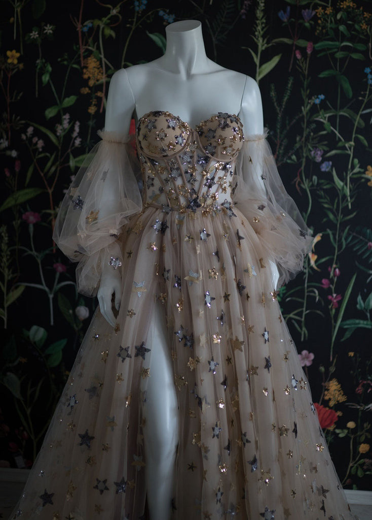 Elegant A Line Sweetheart Bubble Sleeves Tulle Prom Dress With Stars, Prom Dresses