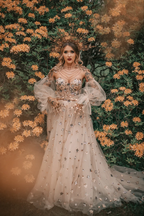 Elegant A Line Sweetheart Bubble Sleeves Tulle Prom Dress With Stars, Prom Dresses