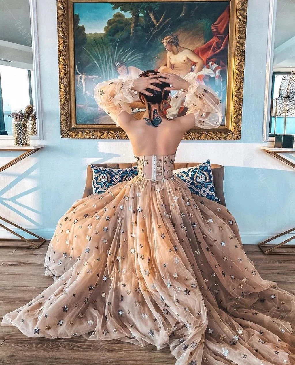Elegant A Line Sweetheart Bubble Sleeves Tulle Prom Dress With Stars, Prom Dresses