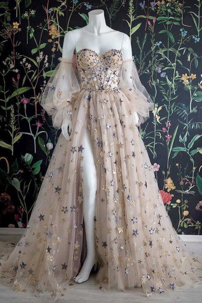Elegant A Line Sweetheart Bubble Sleeves Tulle Prom Dress With Stars, Prom Dresses