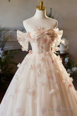 Elegant A-Line Tulle Floor Length Prom Dress, Champagne Off The Shoulder Party Dress
