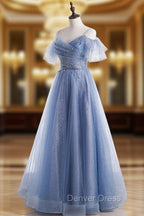 Elegant A Line Tulle Sequin Blue Long Prom Dress, Tulle Blue Prom Dresses