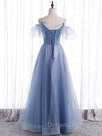 Elegant  A line Tulle Sequin Blue Long Prom Dresses, Tulle Blue Formal Evening Dresses