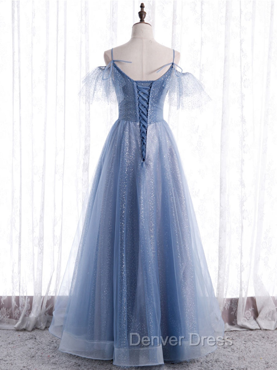 Elegant  A line Tulle Sequin Blue Long Prom Dresses, Tulle Blue Formal Evening Dresses