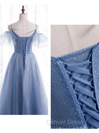 Elegant  A line Tulle Sequin Blue Long Prom Dresses, Tulle Blue Formal Evening Dresses