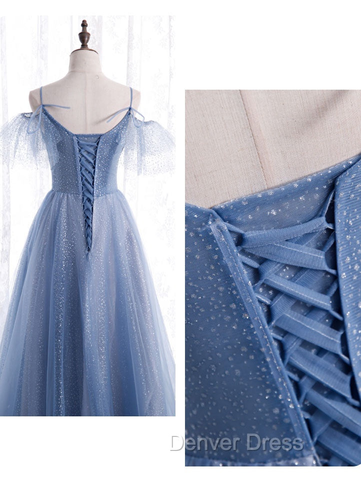 Elegant  A line Tulle Sequin Blue Long Prom Dresses, Tulle Blue Formal Evening Dresses