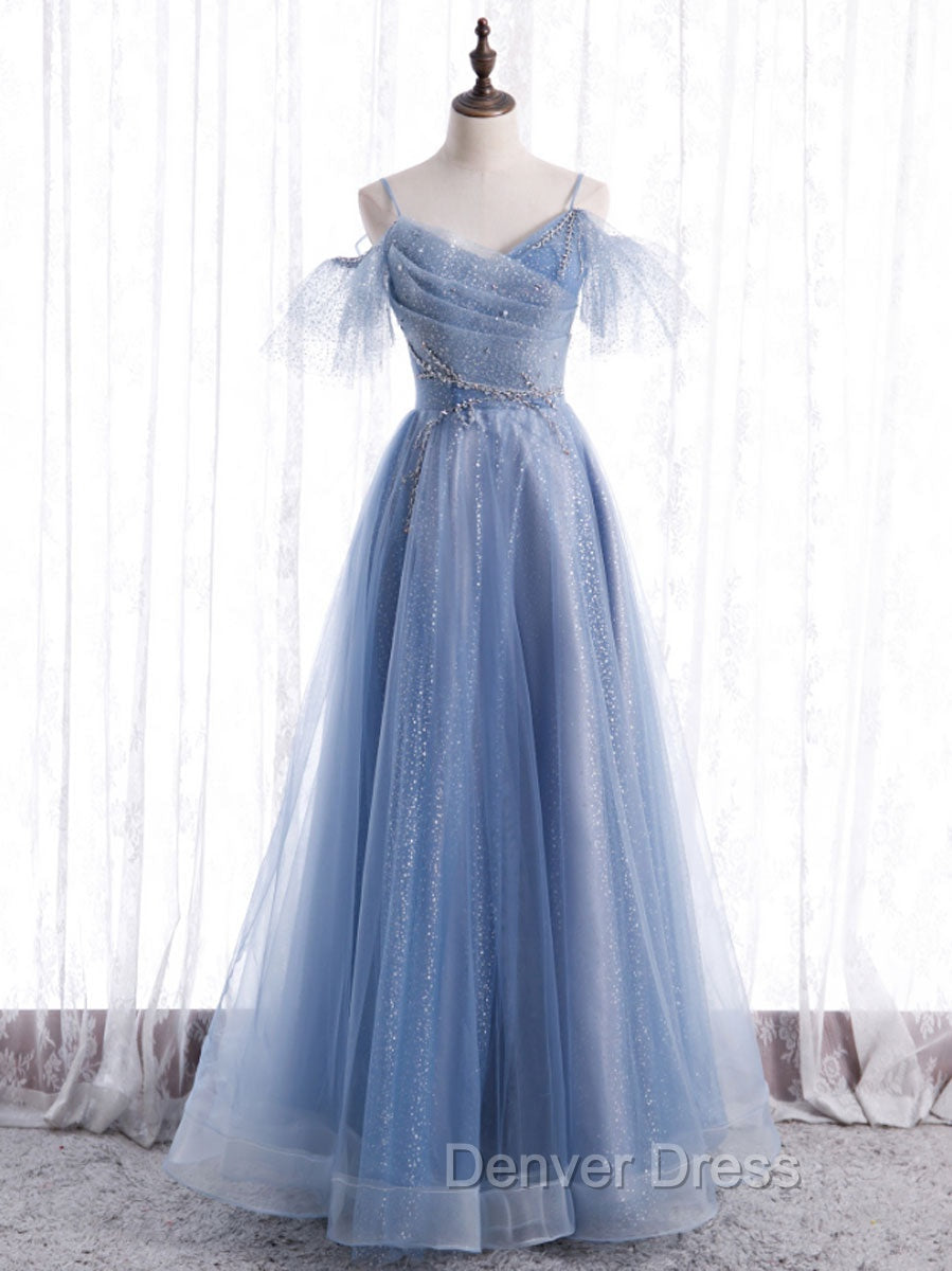 Elegant  A line Tulle Sequin Blue Long Prom Dresses, Tulle Blue Formal Evening Dresses Secondary image