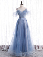 Elegant  A line Tulle Sequin Blue Long Prom Dresses, Tulle Blue Formal Evening Dresses
