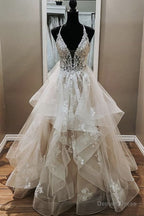 Elegant A Line V Neck Backless Appliques Tulle Lace Wedding Dresses,Bridal Gowns