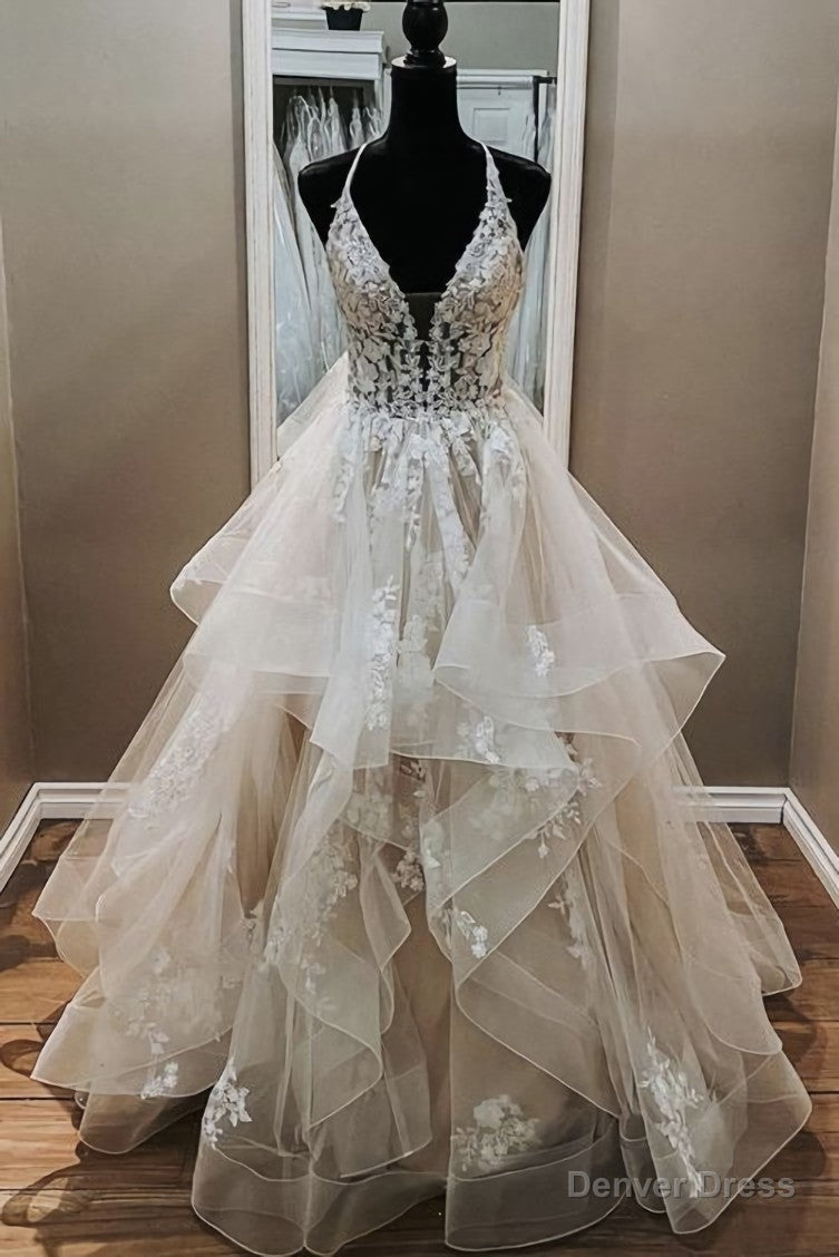 Elegant A Line V Neck Backless Appliques Tulle Lace Wedding Dresses,Bridal Gowns