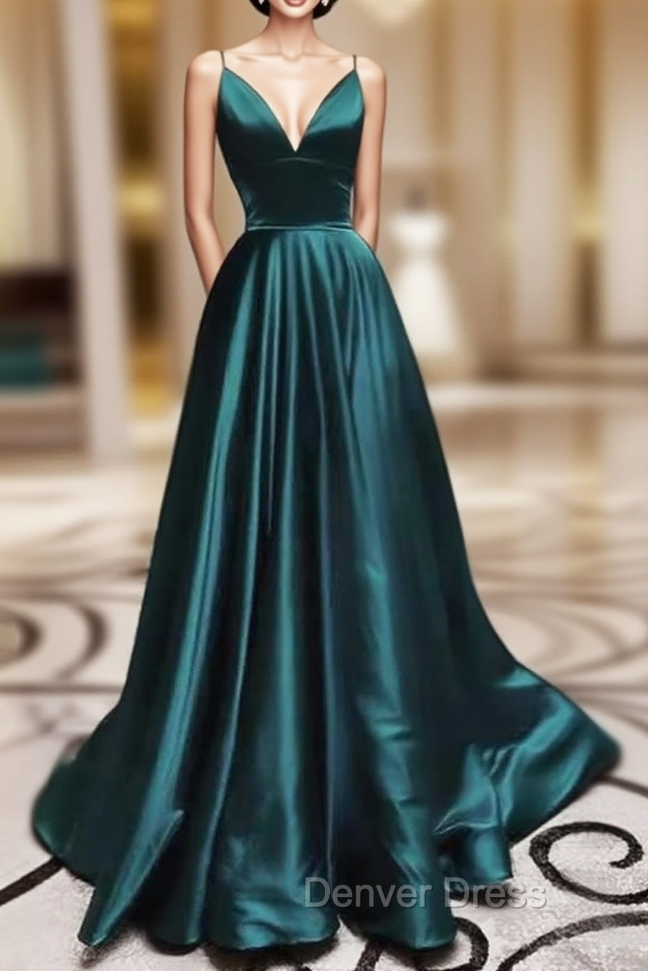 Elegant A-line V Neck Long Prom Dresses with Pleated Charmeuse Skirt Main image