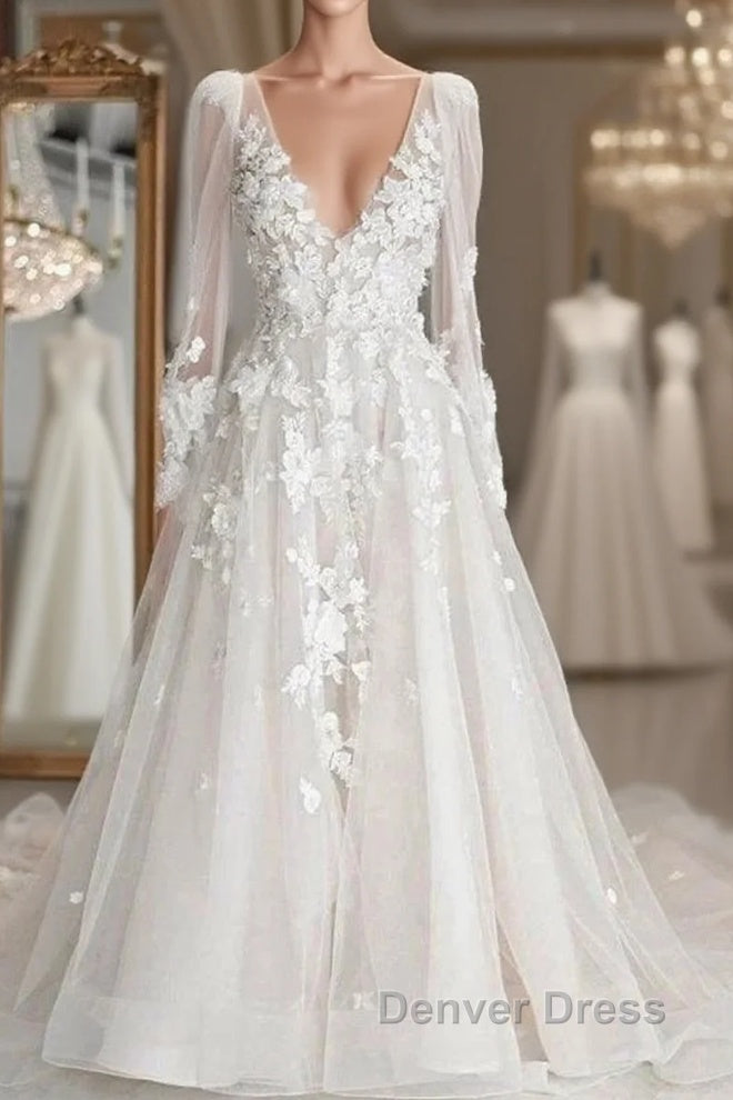 Elegant A-Line V-Neck Long Sleeved Ivory Sheer And Floor Length Wedding Dresses