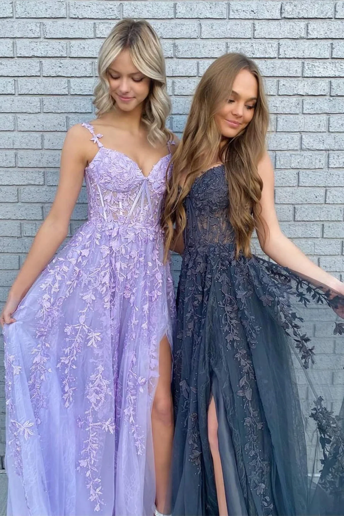 Elegant A Line V Neck Purple/Black Tulle Lace Long Prom Dress, Purple/Black Lace Prom Graduation Prom Dresses Main image