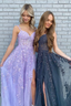 Elegant A Line V Neck Purple/Black Tulle Lace Long Prom Dress, Purple/Black Lace Prom Graduation Prom Dresses