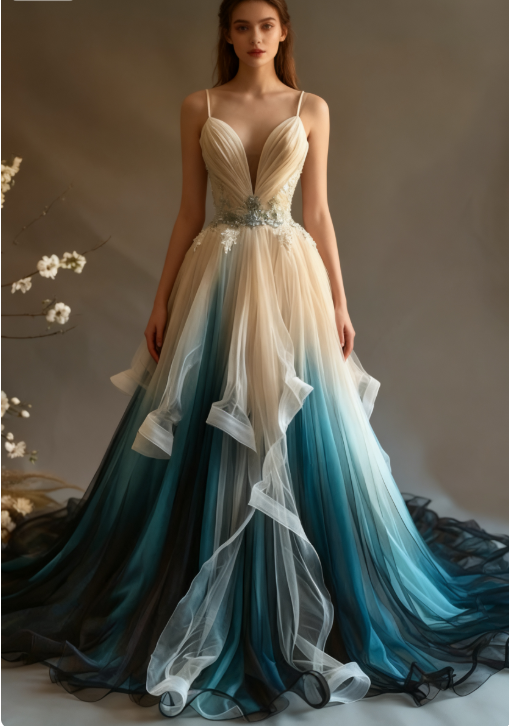 Elegant A-Line V-Neck Tulle Applique Long Prom Dress, Spaghetti Strap Vintage Prom Dresses Secondary image