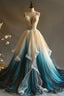 Elegant A Line V Neck Tulle Applique Long Prom Dress, Spaghetti Strap Vintage Prom Dresses