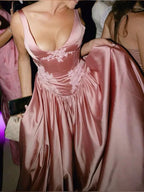 Elegant A Line V Neckline Bridesmaid Dress Floor-Length Satin Long Pink Prom Dress