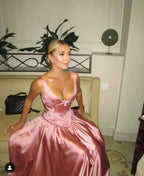Elegant A Line V Neckline Bridesmaid Dress Floor-Length Satin Long Pink Prom Dress