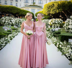 Elegant A Line V Neckline Bridesmaid Dress Floor-Length Satin Long Pink Prom Dress