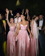 Elegant A Line V Neckline Bridesmaid Dress Floor-Length Satin Long Pink Prom Dress