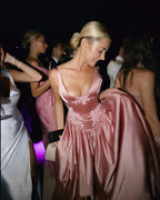 Elegant A Line V Neckline Bridesmaid Dress Floor-Length Satin Long Pink Prom Dress