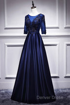 Elegant And Noble Blue Short Sleeved Lace Decal Ball Dress With Blue V Neck Satin And Beaded Back Zipper And Floor Length Prom Dresses