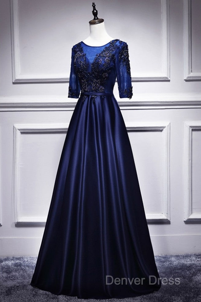 Elegant And Noble Blue Short Sleeved Lace Decal Ball Dress With Blue V Neck Satin And Beaded Back Zipper And Floor Length Prom Dresses