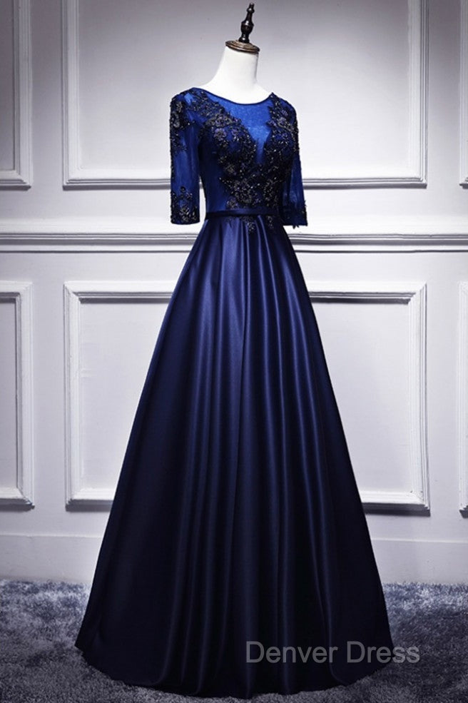 Elegant And Noble Blue Short Sleeved Lace Decal Ball Dress With Blue V Neck Satin And Beaded Back Zipper And Floor Length Prom Dresses