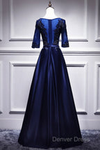Elegant And Noble Blue Short Sleeved Lace Decal Ball Dress With Blue V Neck Satin And Beaded Back Zipper And Floor Length Prom Dresses