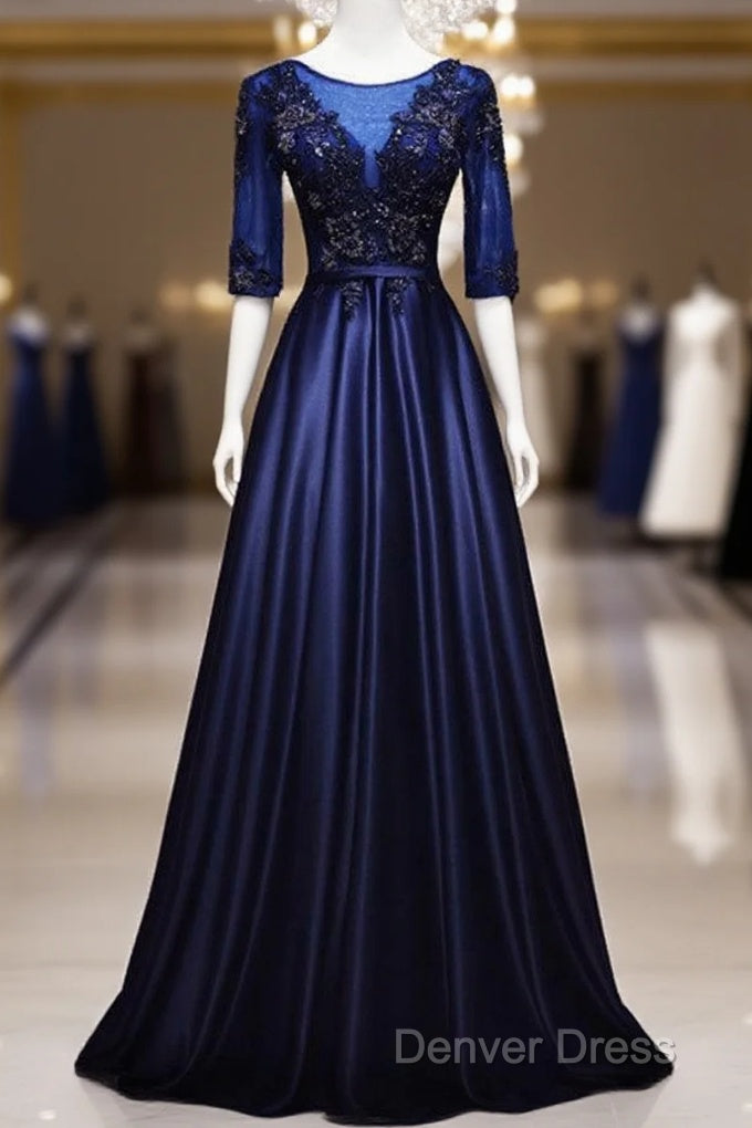 Elegant And Noble Blue Short Sleeved Lace Decal Ball Dress With Blue V Neck Satin And Beaded Back Zipper And Floor Length Prom Dresses
