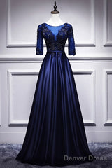 Elegant And Noble Blue Short Sleeved Lace Decal Ball Dress With Blue V-Neck Satin And Beaded Back Zipper And Floor Length Evening Dress