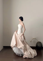 Elegant And Retro Pink And White Irregular Tulle Long Prom Dresses Evening Dresses Wedding DressesP4026