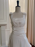 Elegant And Simple White Bud Square Neck Suspender Satin Prom Dresses Evening Dresses Bridesmaid Dresses