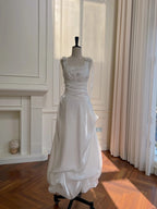 Elegant And Simple White Bud Square Neck Suspender Satin Prom Dresses Evening Dresses Bridesmaid Dresses