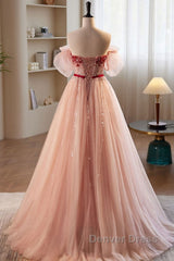 Elegant And Sweet Powder Blusher Powder Beading Sequins Off Shoulder Short Sleeve Prom Dresses Powder Blusher Powder A-Shaped Princess Bow Belt Tulle Backless And Floor Length Evening Dresses