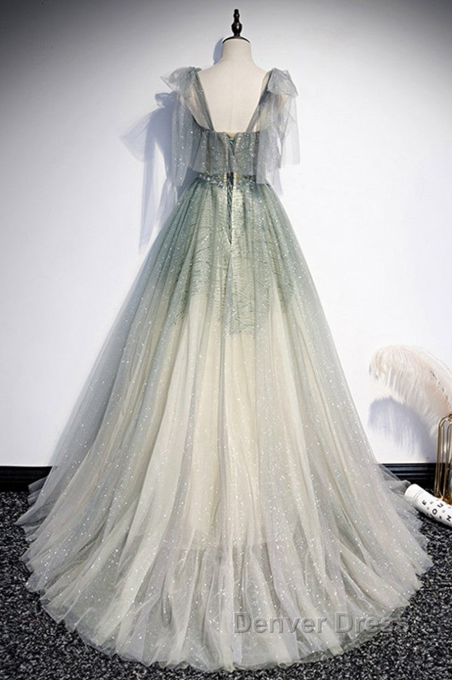 Elegant And Sweet Sage Green Sleeveless Off Shoulder Beads With Sparkling Sheer Sequins Prom Dresses Sage Green A-Line Princess Shoulder Off Back Sweeping Train Ruffle Edge Evening Dresses Secondary image