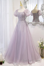 Elegant And Unique Lavender Square Neckline Fluffy Short Sleeved Beaded Sequin Ball Dress Lavender A Line Princess Sheer Backless Strap And Floor Length Prom Dresses