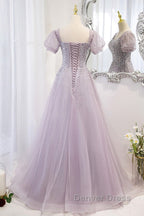 Elegant And Unique Lavender Square Neckline Fluffy Short Sleeved Beaded Sequin Ball Dress Lavender A Line Princess Sheer Backless Strap And Floor Length Prom Dresses