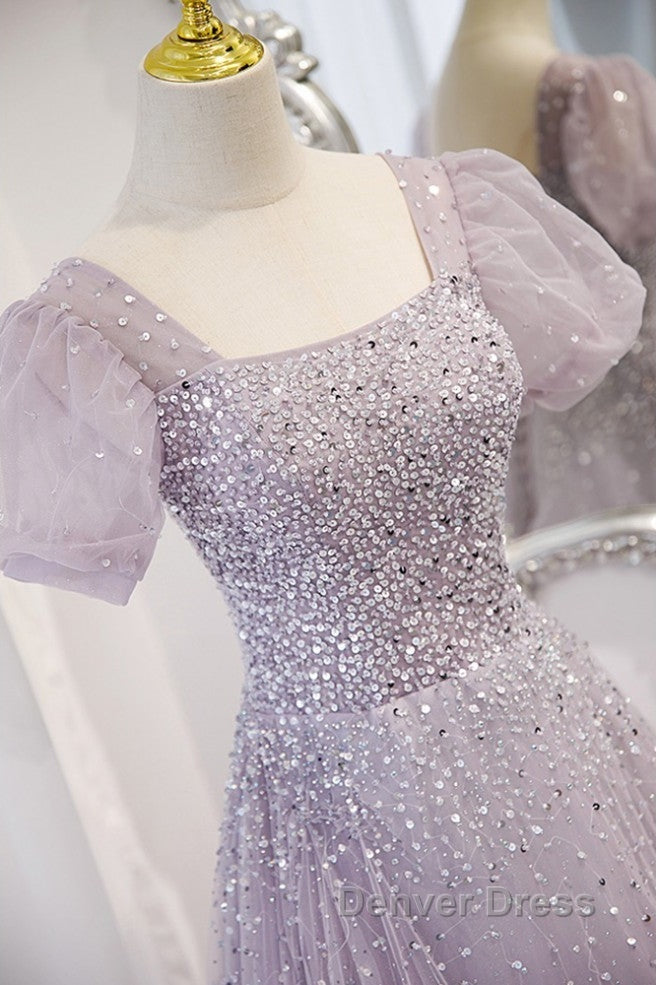 Elegant And Unique Lavender Square Neckline Fluffy Short Sleeved Beaded Sequin Ball Dress Lavender A Line Princess Sheer Backless Strap And Floor Length Prom Dresses