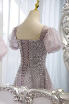 Elegant And Unique Lavender Square Neckline Fluffy Short Sleeved Beaded Sequin Ball Dress Lavender A Line Princess Sheer Backless Strap And Floor Length Prom Dresses