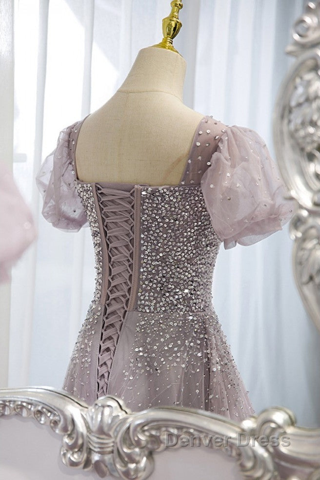 Elegant And Unique Lavender Square Neckline Fluffy Short Sleeved Beaded Sequin Ball Dress Lavender A Line Princess Sheer Backless Strap And Floor Length Prom Dresses