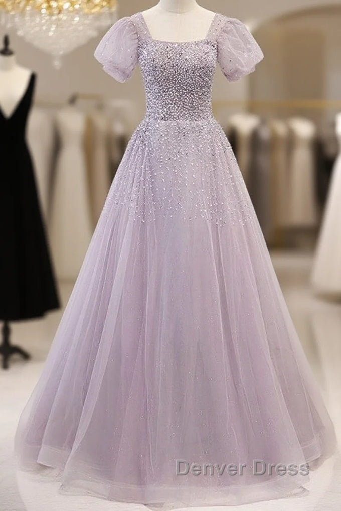 Elegant And Unique Lavender Square Neckline Fluffy Short Sleeved Beaded Sequin Ball Dresses Lavender A-Line Princess Sheer Backless Strap And Floor Length Evening Dresses Main image